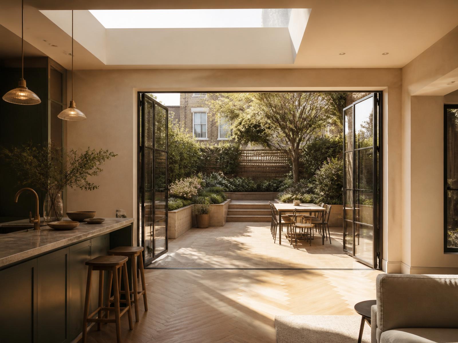 Sunlit London rear extension with Crittall bifold doors opening to a garden